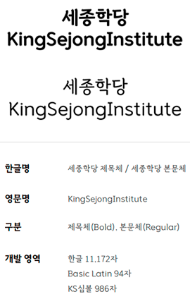 세종학당체 폰트 이미지, 한글명 세종학당 제목체/세종학당 본문체, 영문명 king sejonginstitute, 구분 제목체(Bold), 본문체(Regular), 개발 영역 한글 11,172자, Basic Latin 94자, KS심볼 986자