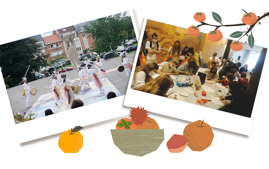 한국이 온다; 풍년 축제의 남사당 풍물단 공연(좌)과 민화그리기 체험 워크숍(우)