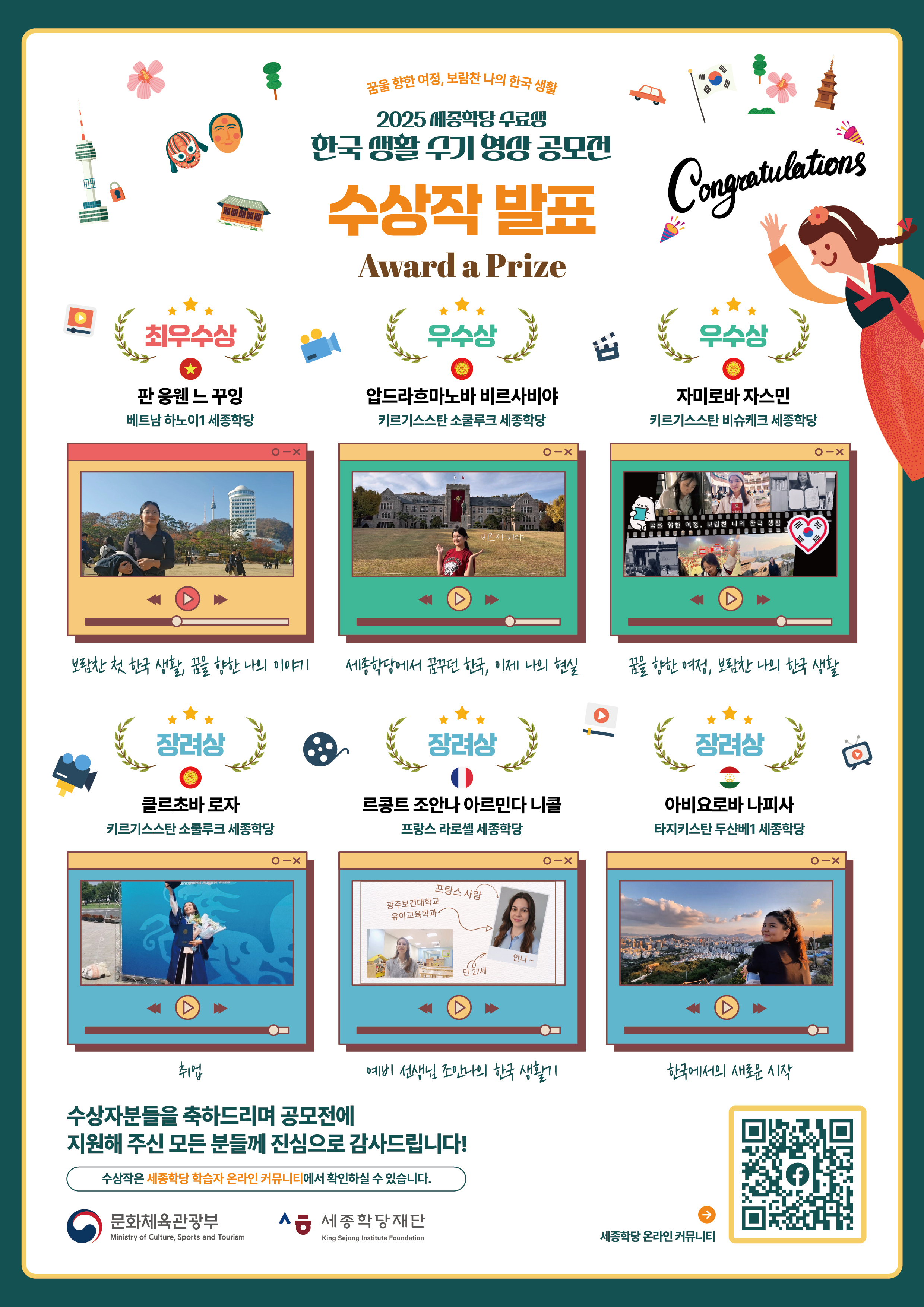 꿈을 향한 여정, 보람찬 나의 한국 생활 2025 세종학당 수료생 한국 생활 수기 영상 공모전 수상작 발표 Award a Prize  ㅇ 최우수상: 판 응웬 느 꾸잉(베트남 하노이1 세종학당) 보람찬 첫 한국 생활, 꿈을 향한 나의 이야기 ㅇ 우수상 - 암드라흐마노바 비르사비야(키르기스스탄 소쿨루크 세종학당) 세종학당에서 꿈꾸던 한국, 이제 나의 현실 - 자미로바 자스민(키르기스스탄 비슈케크 세종학당) 꿈을 향한 여정, 보람찬 나의 한국 생활 ㅇ 장려상 - 클로츠바 로자(키르기스스탄 소쿨루크 세종학당) 취업 - 르콩트 조안나 아르민다 니콜(프랑스 라로셸 세종학당) 예비 선생님 조안나의 한국 생활기 - 아비요르바 나피사(타지키스탄 두샨베1 세종학당) 한국에서의 새로운 시작  수상자분들을 축하드리며 공모전에 지원해 주신 모든 분들께 진심으로 감사드립니다! 수상작은 세종학당 학습자 온라인 커뮤니티에서 확인하실 수 있습니다.  세종학당 온라인 커뮤니티: https://www.facebook.com/share/g/1CdBFmYJWX/