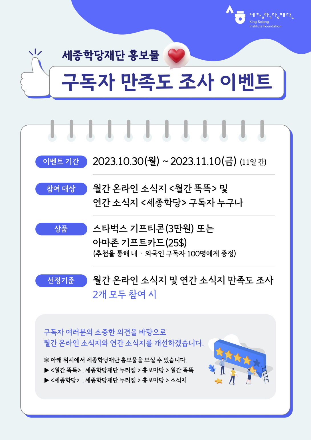 세종학당재단 홍보물 구독자 만족도 조사 이벤트  이벤트 기간: 2023.10.30.(월)~2023.11.10.(금) (11일 간) 참여 대상: 월간 온라인 소식지 <월간 똑똑> 및 연간 소식지 <세종학당> 구독자 누구나 상품: 스타벅스 기프티콘(3만원) 또는 아마존 기프트카드(25달러)   * 추첨을 통해 내·외국인 구독자 100명에게 증정 선정 기준: 월간 온라인 소식지 및 연간 소식지 만족도 조사 2개 모두 참여 시  구독자 여러분의 소중한 의견을 바탕으로 월간 온라인 소식지와 연간 소식지를 개선하겠습니다.  아래 위치에서 세종학당재단 홍보물을 보실 수 있습니다.  - <월간 똑똑>: 세종학당재단 누리집> 홍보마당 > 월간 똑똑  - <세종학당> : 세종학당재단 누리집> 홍보마당 > 소식지